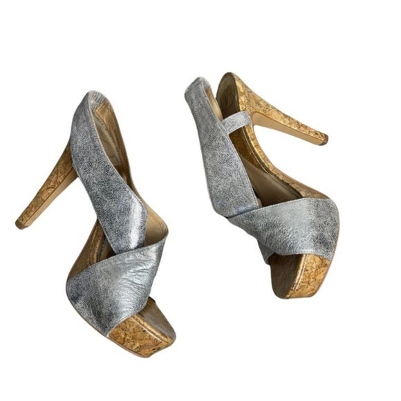 DIANE VON FURSTENBERG Zia Metallic Crisscross Cork Platform Sandal Heel Size 9M - Picture 9 of 10
